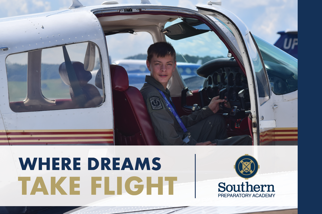 A Southern Prep postcard design showcasing a student in a plane and the phrase 'Where Dreams Take Flight.'